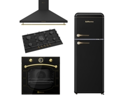 Pack Combinado Solthermic Fogão A Gás 90 Bl042 Preto 5 Queimadores Forno Elétrico Preto Exaustor Preto 90 Frigorífico Retro Preto 1,47