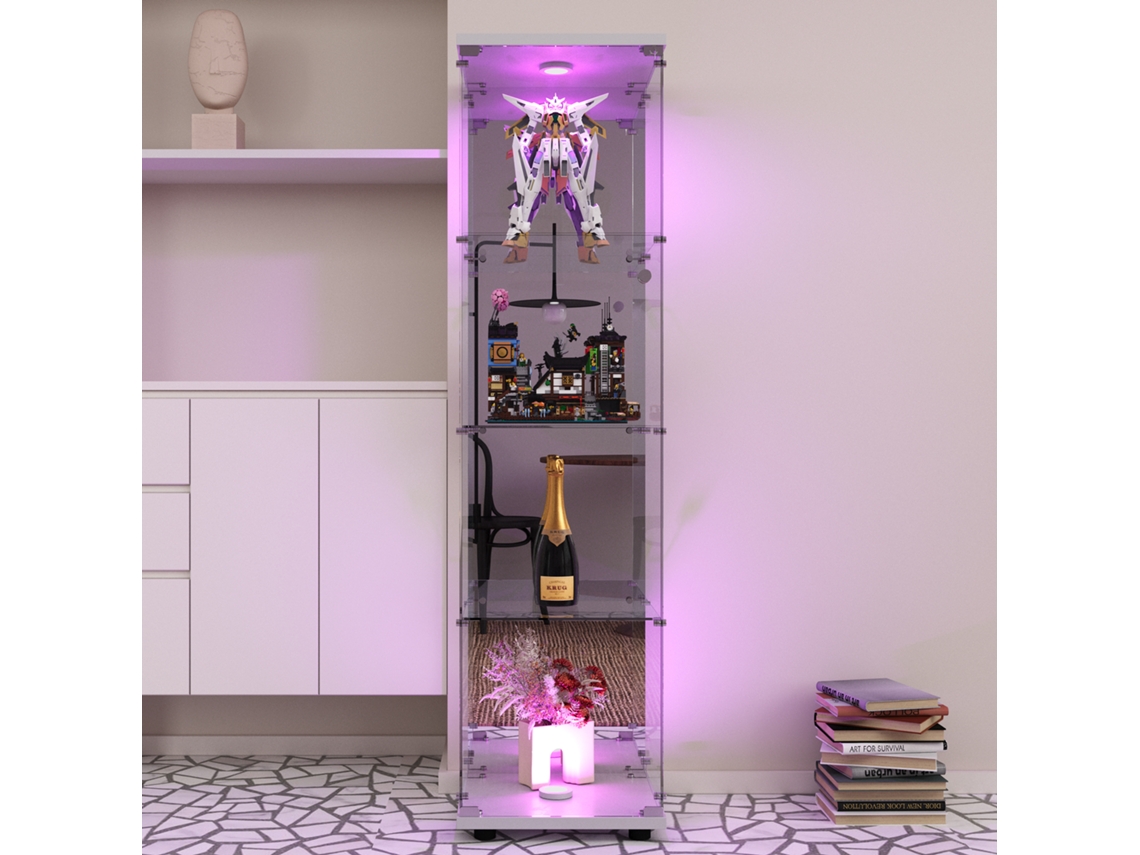 Vitrine De Vidro Temperado Independente Com Led E Fechadura, 4 Níveis Para Coleções Sala De Estar, Branca,164 Cm×42.5 Cm×36.5cm