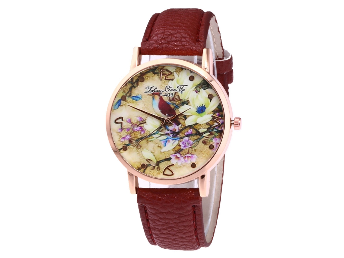 Relógio de pulso Zhoulianfa marrom escuro com mecanismo de quartzo, pulseira de PU e estampa de flores e pássaros.