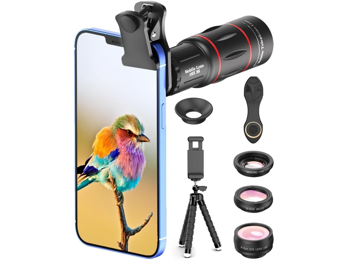 Kit De Fotografia 4 Em 1 Para Celular, Lente Telefoto 18x, Lente Olho De Peixe 198°, Lente Macro 15x, Grande Angular 0,63x (preto)