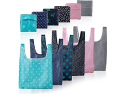 Pacote com 6 Sacolas de Compras Dobráveis, Reutilizáveis ​​e Ecológicas, com Bolsa Acoplada para Compras. GOKOCO