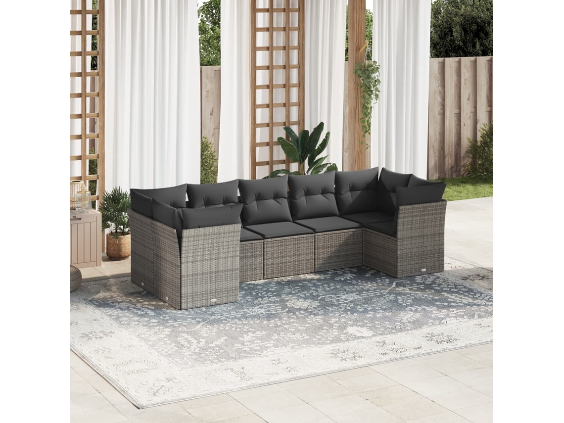 Vidaxl 7 Pcs Conjunto Sofás P/ Jardim C/ Almofadões Vime Pe Cinzento