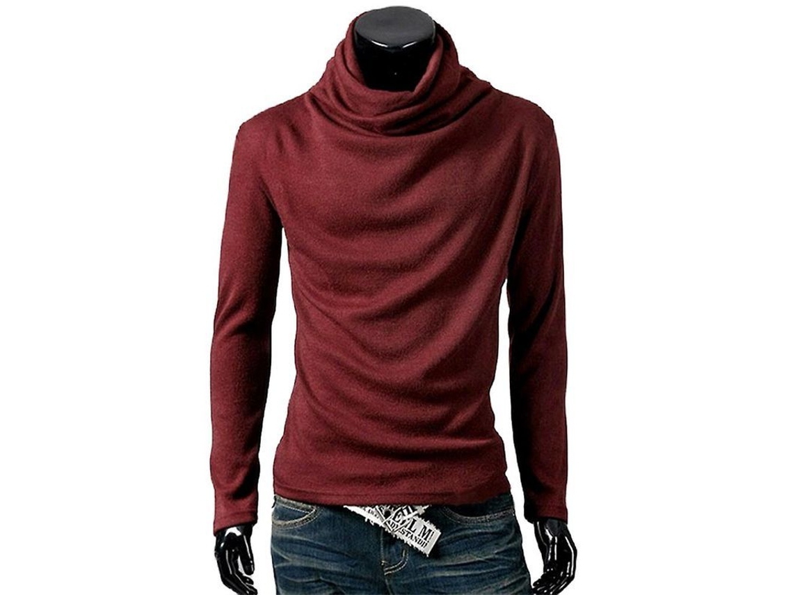 Camisola De Pulôver Masculina De Gola De Tartaruga Lisa Manga Longa Casual Inverno Outono Confortável Solta Vinho Tinto