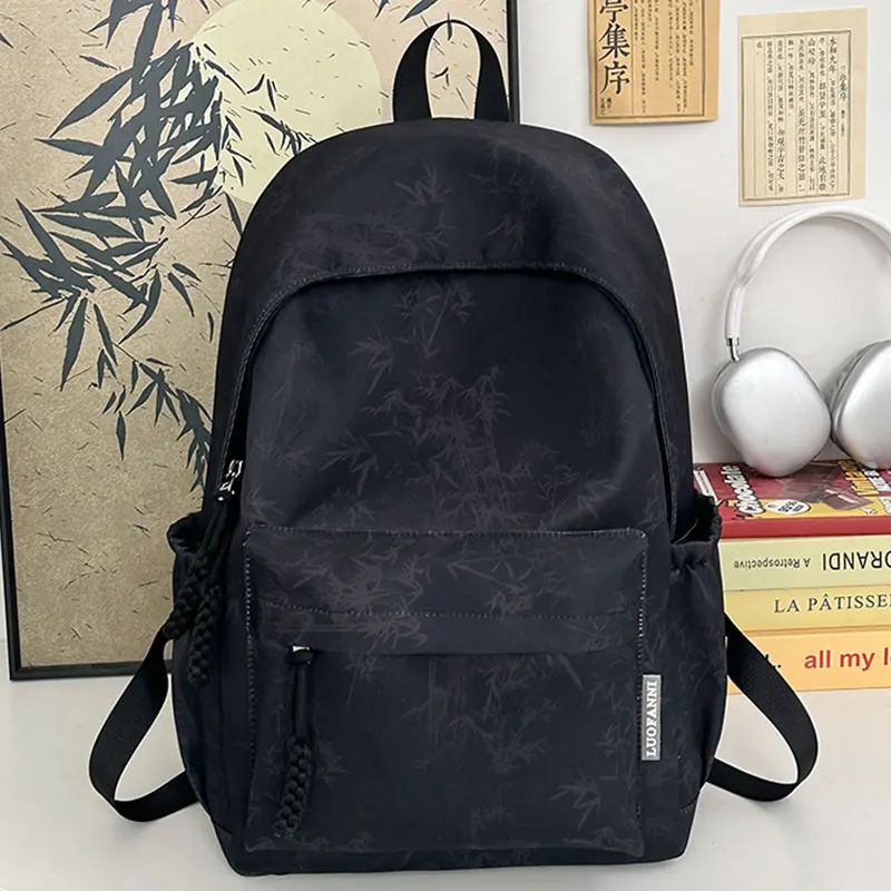 (6128-preto) Mochila Feminina Estilosa De Grande Capacidade, Leve E Com Estampa De Folha De Bambu.