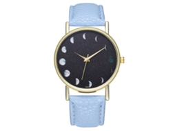 Relógio de quartzo unissex com pulseira de couro PU, design simples, lua (azul claro)
