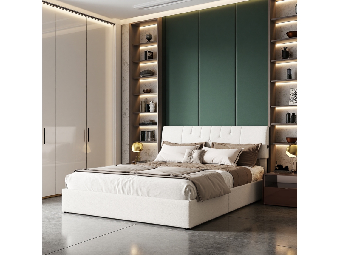 Cama De Casal Com Arrumação 140x200cm Cama Branca Em Tecido Teddy Suave Cama Moderna Pneumática Com Gás De Adulto Porta Usb E Cabeceira Ajustável