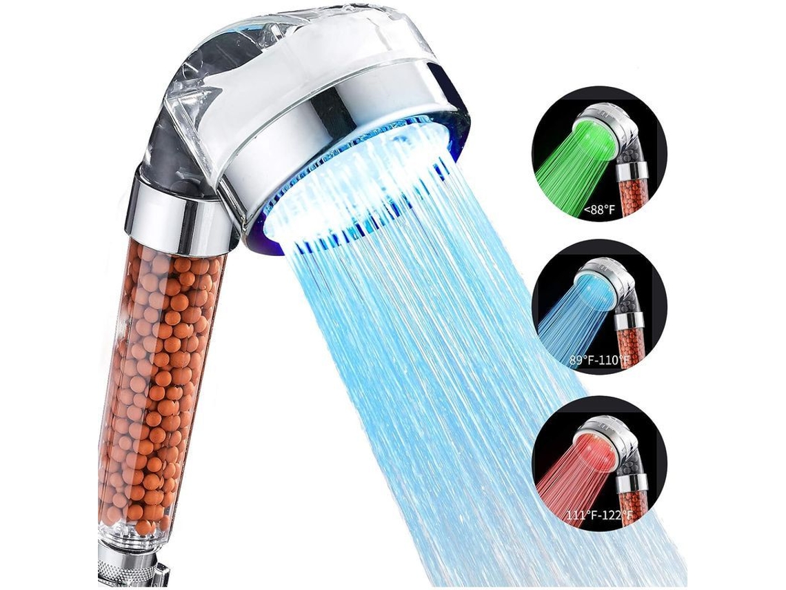 Conjunto de chuveiro portátil com 3 modos de cor, filtro substituível e LED de alta pressão.