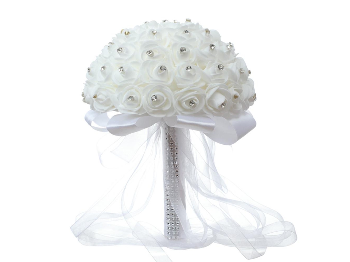 Buquê de Noiva Artificial Branco com Pérola de Cristal para Casamento, Decoração de Casa