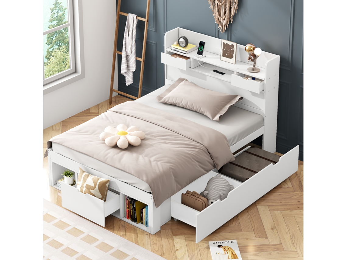Cama Solteiro 90x200 Branca Usb Gavetas Roupeiro