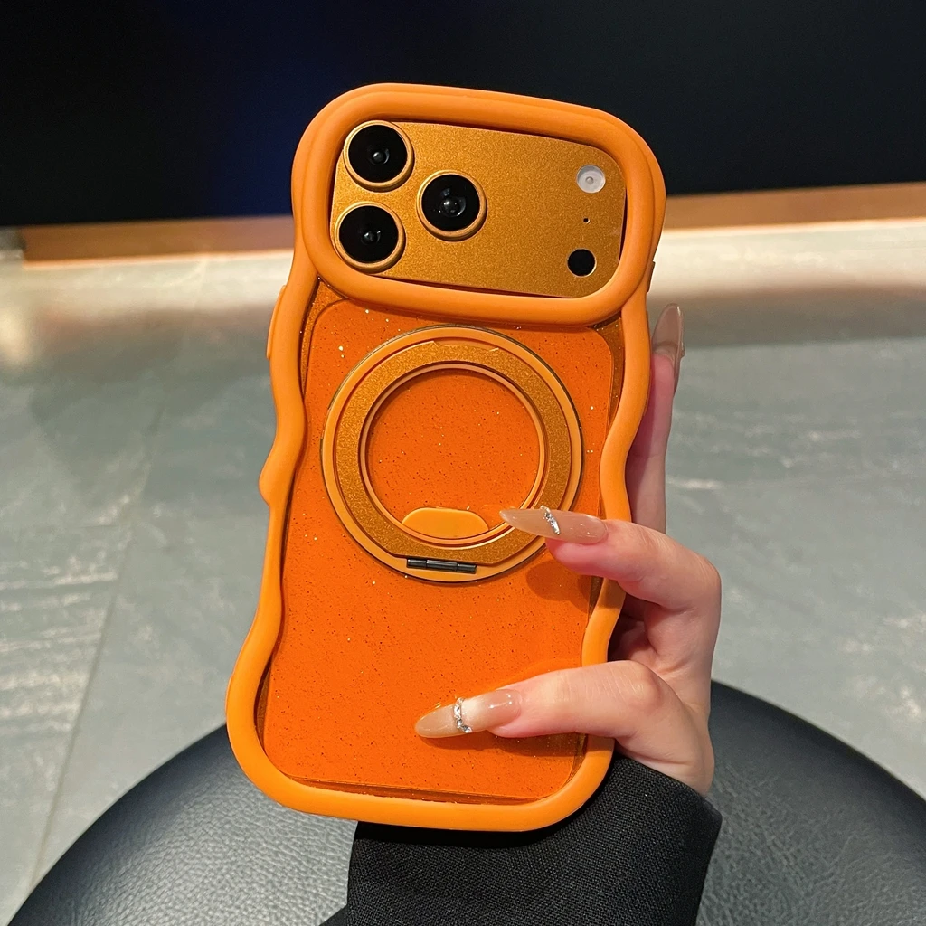 Capa Para Celular Com Suporte Magnético Giratório E Moldura Ondulada Brilhante (laranja) Para Iphone 16 Pro Max