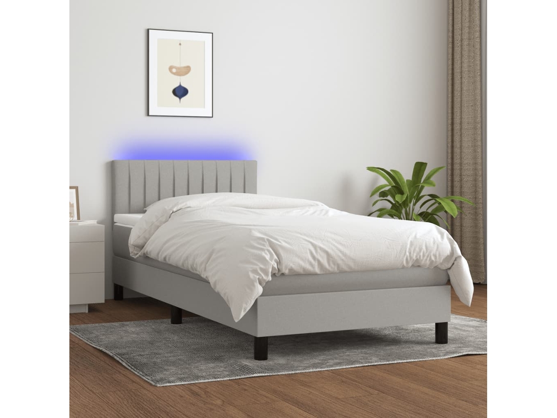 Vidaxl Cama Box Spring C/ Colchão E Led 90x200 Cm Tecido Cinza-claro