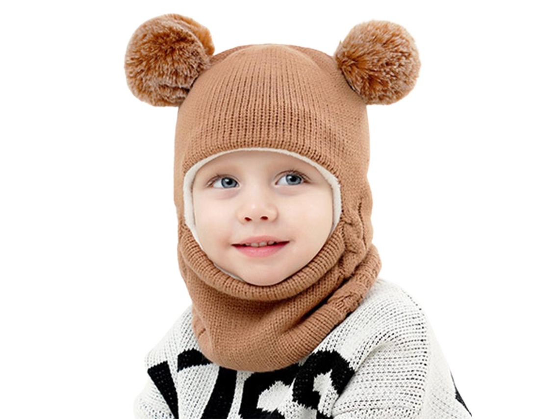 Conjunto de Gorro e Bufanda de Inverno, Gorro com Orelhas e Pompons, Forro Polar | S/MARCA