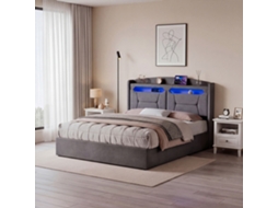 Cama Com Baú, Cama Estofada 140x190 Cm, Baú Hidráulico, Led Na Cabeceira, Porta Usb-c, Sem Colchão, Cinzenta