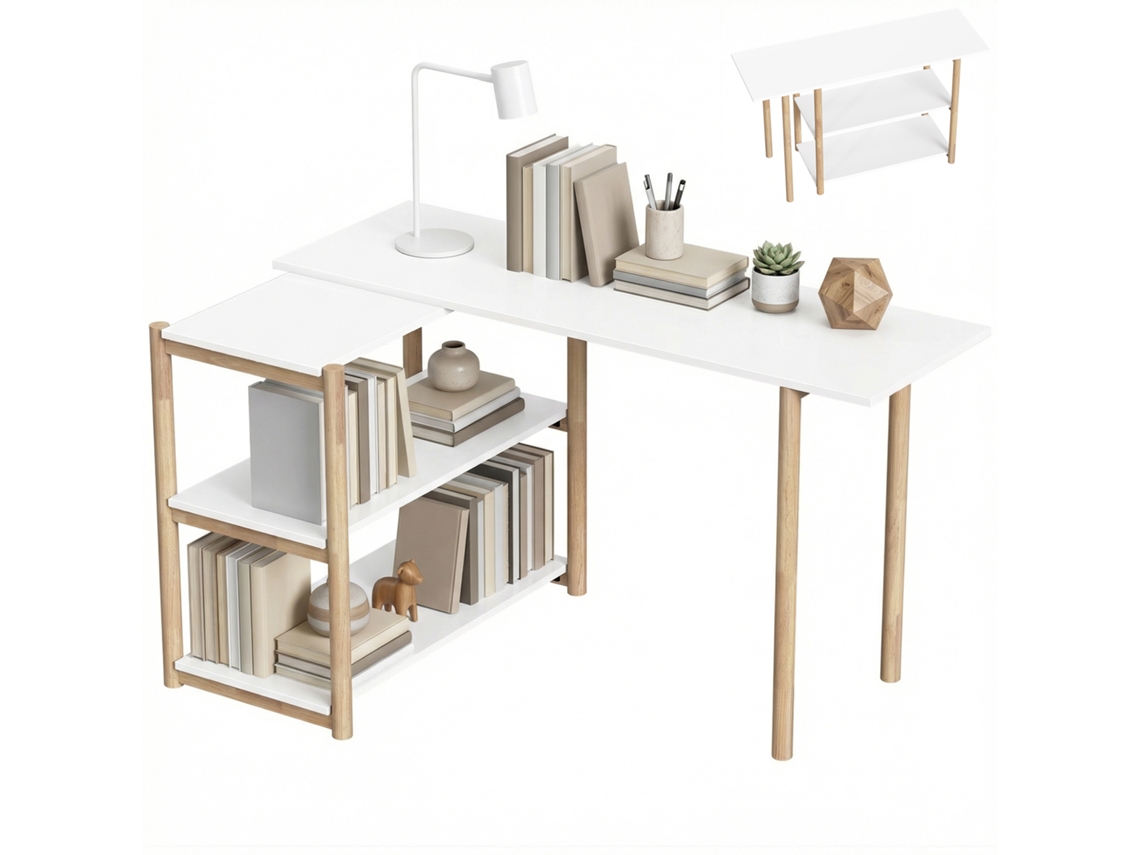 Mesa De Computador Dobrável, Com Prateleiras E Estrutura De Bambu