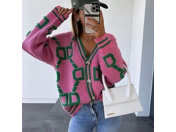 2026 chaqueta Tejida de Invierno para Mujer, Manga Larga, Suelta, Cuello En V, Cálida Y Casual Con Estampado, Estilo Inglés, Poliéster