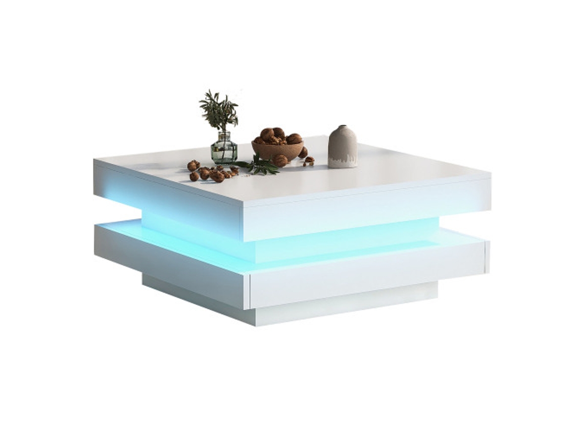 Mesa De Centro Quadrada Branca Com Acabamento Brilhante E Tampo Giratório-tecnológico Com Luz Led,70x70x36 Cm,mesa Giratória 360 Graus