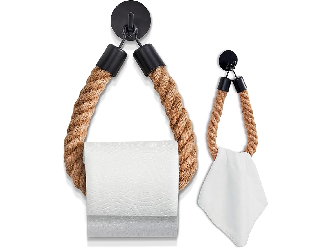 Suporte de papel higiênico sem perfuração, com corda de algodão, montado na parede, preto fosco, sem marca