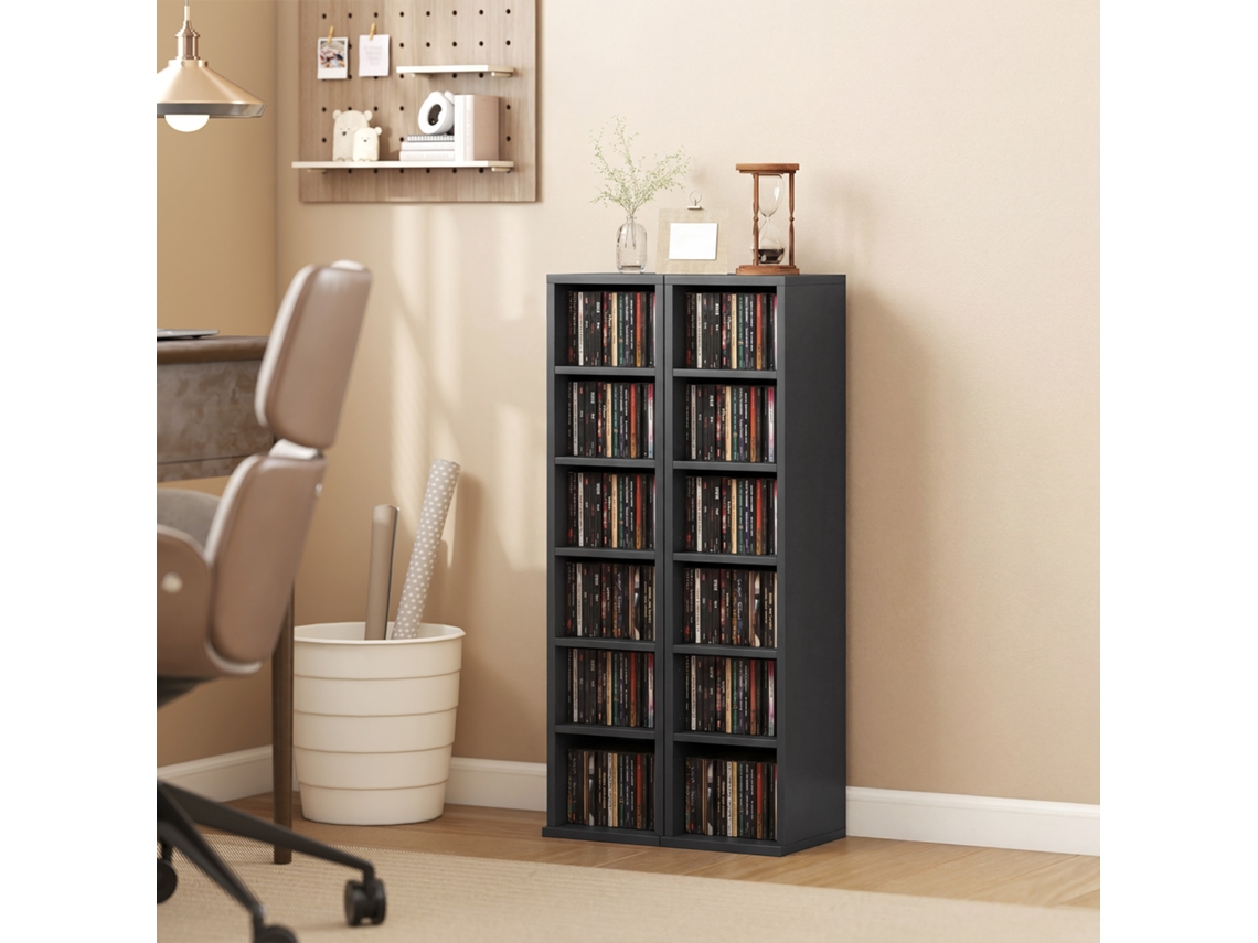 Estante Compacta Preta Com 12 Nichos, 2 Prateleiras De Altura, 21 X 22,5 X 88,5 Cm, Para 204 Cds Ou Dvds - Kit De Armazenamento