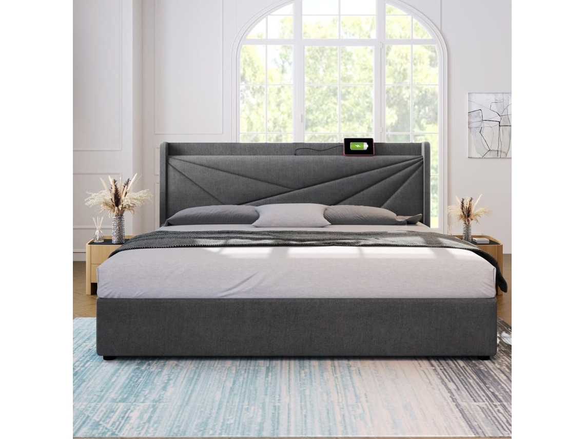 Cama Contentora Em Tecido De Linho 140x200 Cm - Com Porta Usb E Estrado - Cinzento