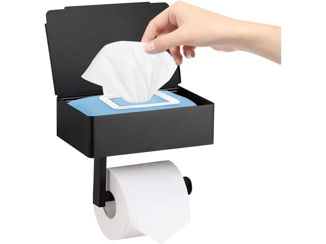Porta Papel Higiénico LINJOU de Aço Inoxidável Preto com Caixa de Toalhas e Repisa