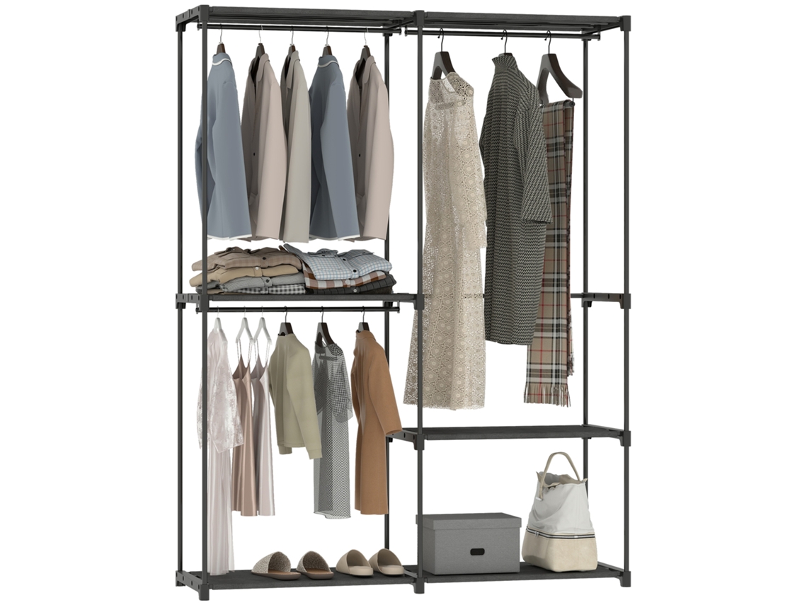 Armário guarda roupa com 2 barras e 4 prateleiras, em tecido não tecido, plástico e aço, 142x43x185cm preto S/MARCA