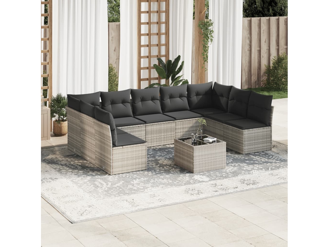 Vidaxl 10 Pcs Conj. Sofás Jardim Com Almofadões Vime Pe Cinzento-claro