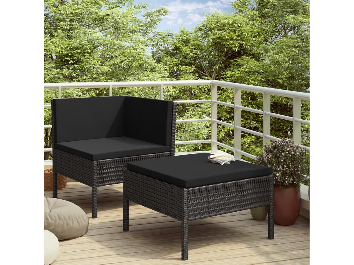 Vidaxl 2 Pcs Conjunto Lounge De Jardim C/ Almofadões Vime Pe Preto