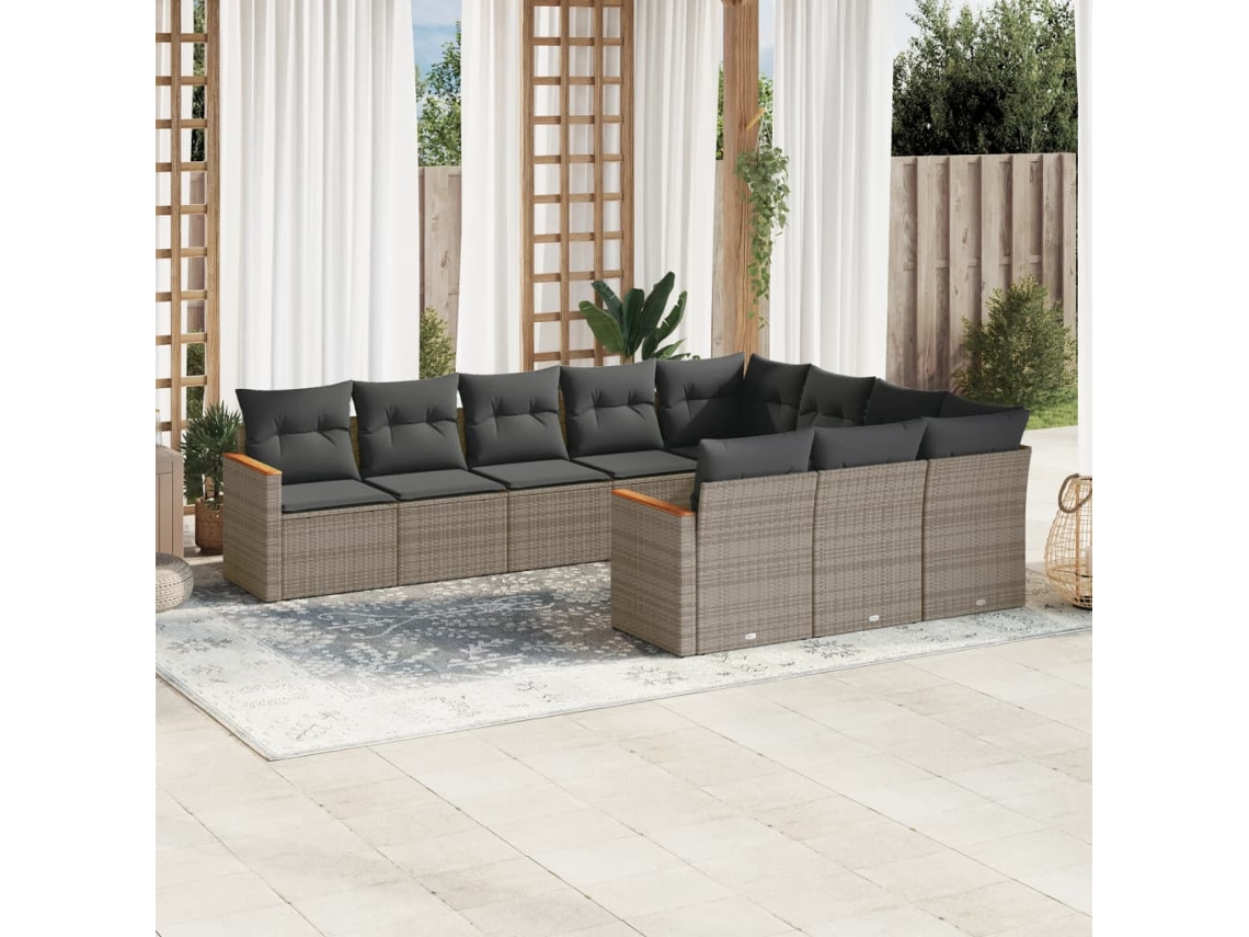 Vidaxl 10 Pcs Conjunto Sofás De Jardim C/ Almofadões Vime Pe Cinzento