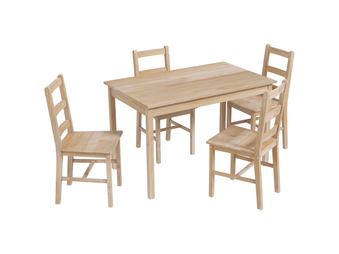 Conjunto De Jantar De 5 Peças Com Mesa Retangular E 4 Cadeiras, Madeira Maciça Com Acabamento Natural