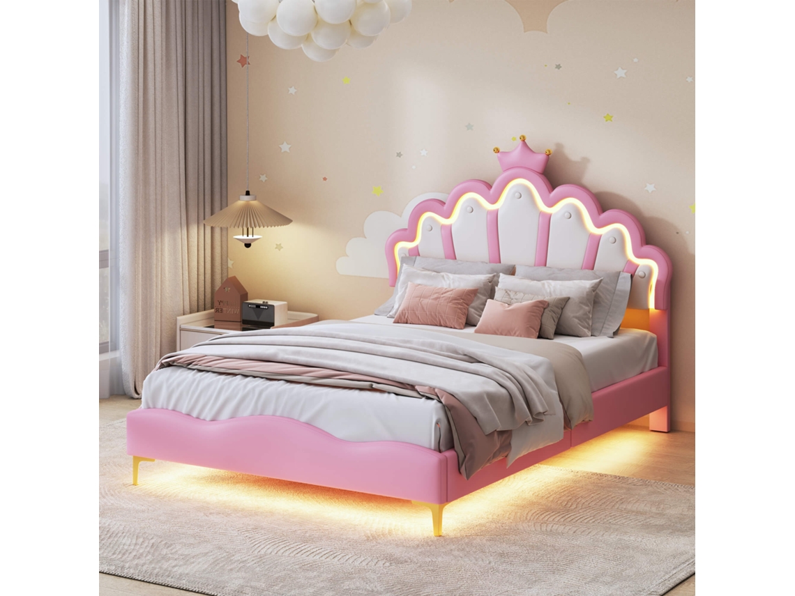 Cama Estofada 140x200, Cama De Criança Com Estrado De Ripas E Iluminação Led, Cama Plana Com Cabeceira Em Forma De Nuvem.