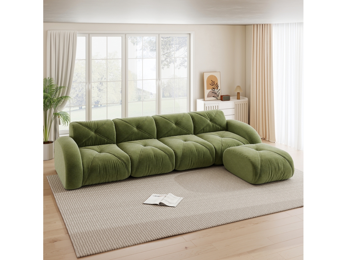 Sofá L Modular Com Sofá De Canto 4 Lugares E Apoio De Pés, Base Antiderrapante, Sem Montagem, Verde