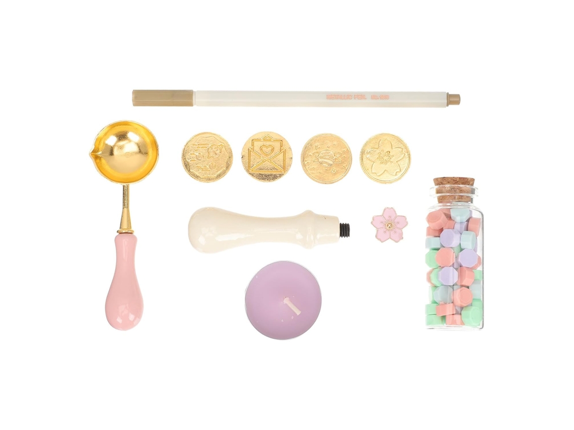 Conjunto de carimbos de cera para decoração de álbuns e envelopes, em vidro e cera, com design delicado e criativo.