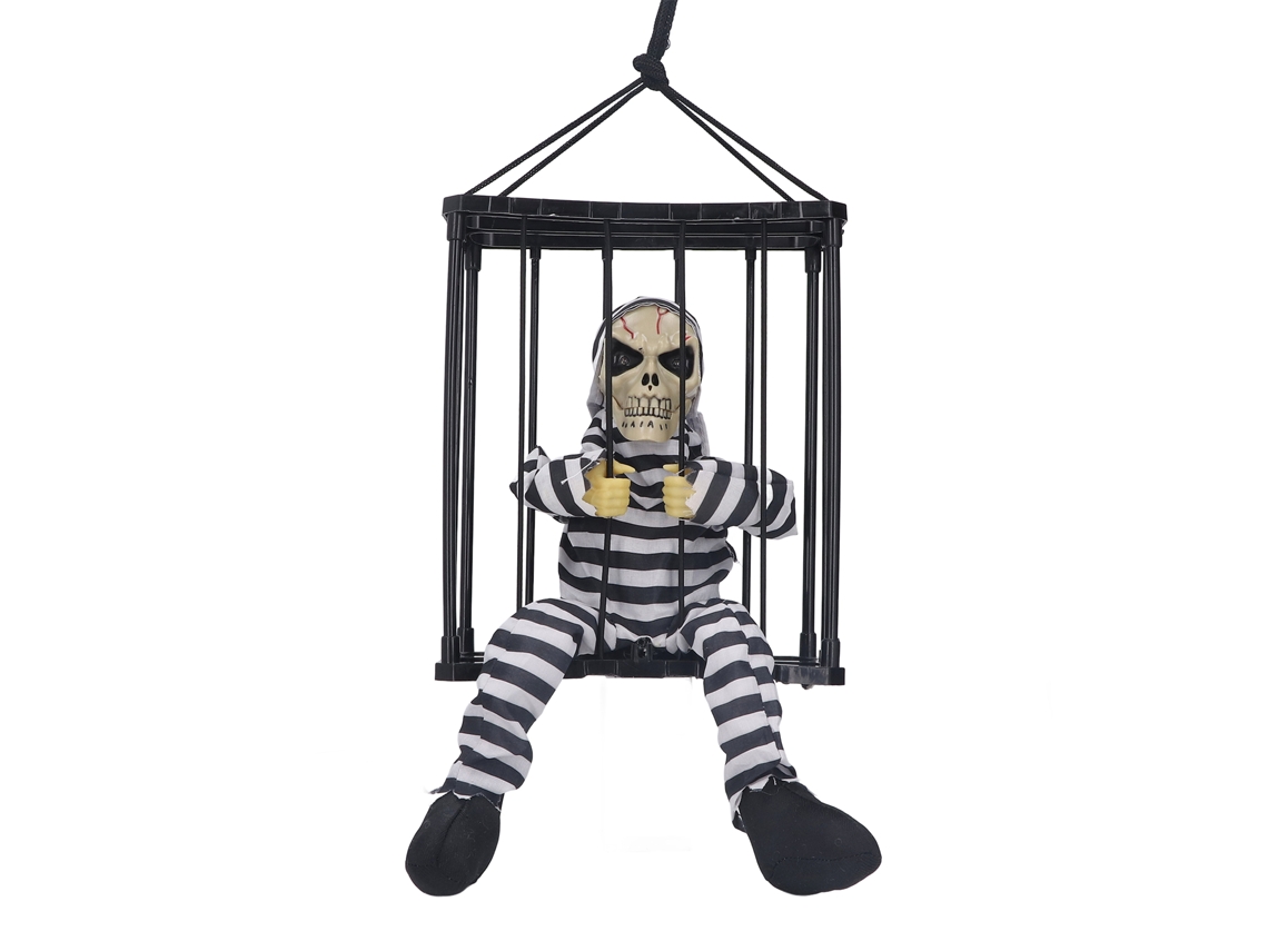 Primerox prisioneiro de Gaiola de Crânio Assustador com Olhos Brilhantes e Gritos Fantasmagóricos para Halloween