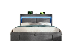 Cama Estofada De 140x200 Cm Com Arrumação Hidráulica E Cabeceira Com Compartimento De Arrumação, Iluminação Led E Portas Usb E Usb-c,com Colchão.