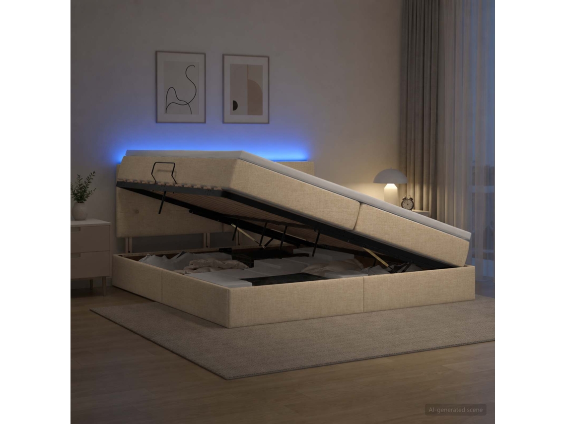 Vidaxl Cama De Armazenamento Led Com Colchão Creme 200 X 200 Cm Tecido