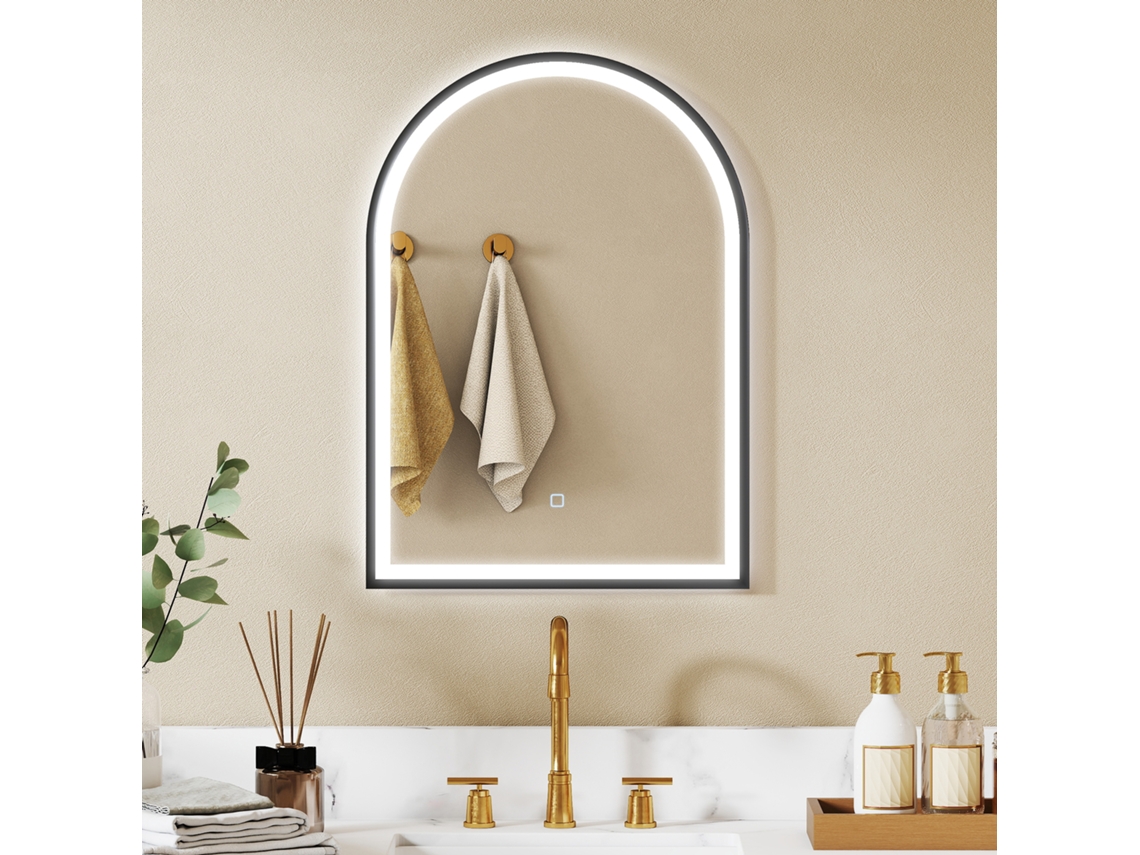 Miroir Salle De Bain Avec Éclairage 50 X 70 Cm, Miroir Led Arqué, Anti-buée, 3 Couleurs Lumière, Dimmable, Mémoire, Noir