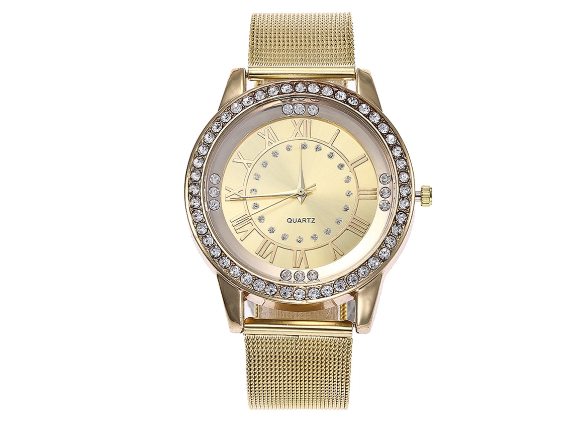 Relógio de pulso unissex moderno com pulseira de malha, detalhes em diamante e dourado, mecanismo de quartzo.