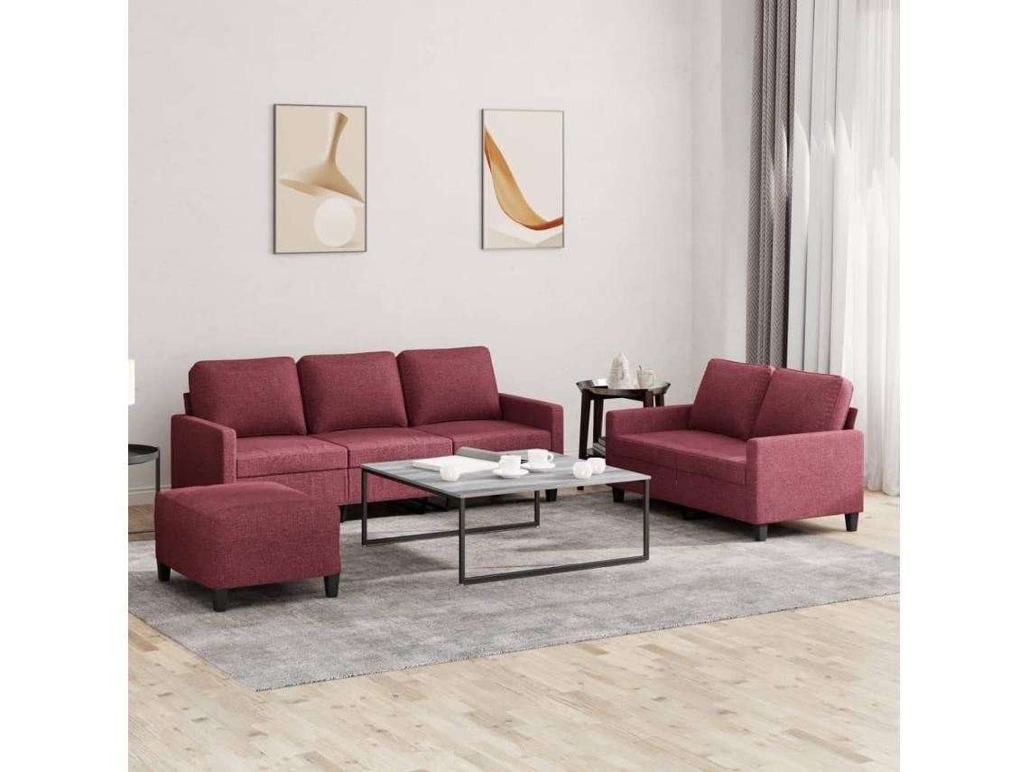 Vidaxl 3 Pcs Conjunto De Sofás Com Almofadões Tecido Vermelho Tinto