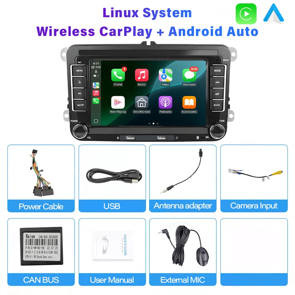 (volkswagen) Sistema Multimídia Veicular Carplay Sem Fio De 7 Polegadas Para Veículos Volkswagen E Skoda.