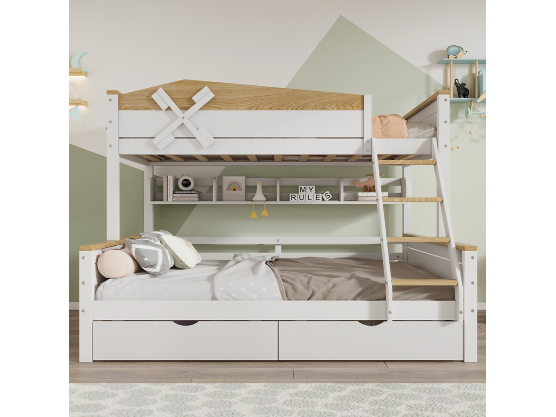 Beliche 90x200 Com Prateleiras Escada Inclinada E Gavetas