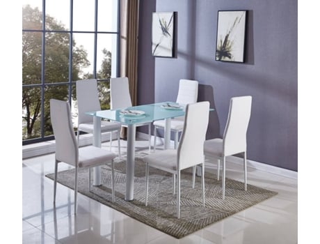 Conjunto de Mesa com 6 Cadeiras SALDOS Y STOCK Branco (Vidro Temperado e Couro Sintético - 140X80 cm)