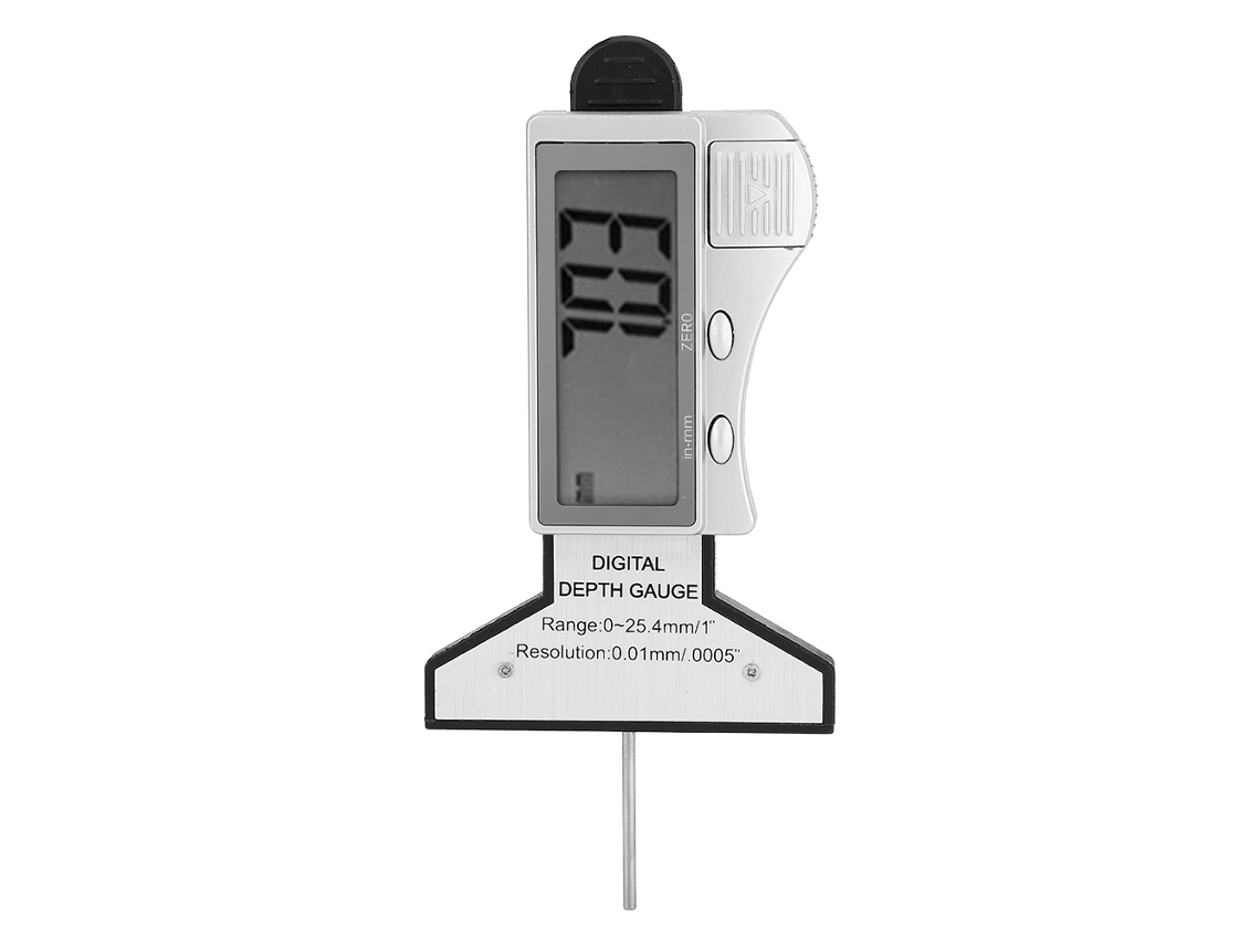 Medidor de profundidade de pneus digital com visor LCD e sonda metálica, ferramenta de medição de 0 a 25 mm.