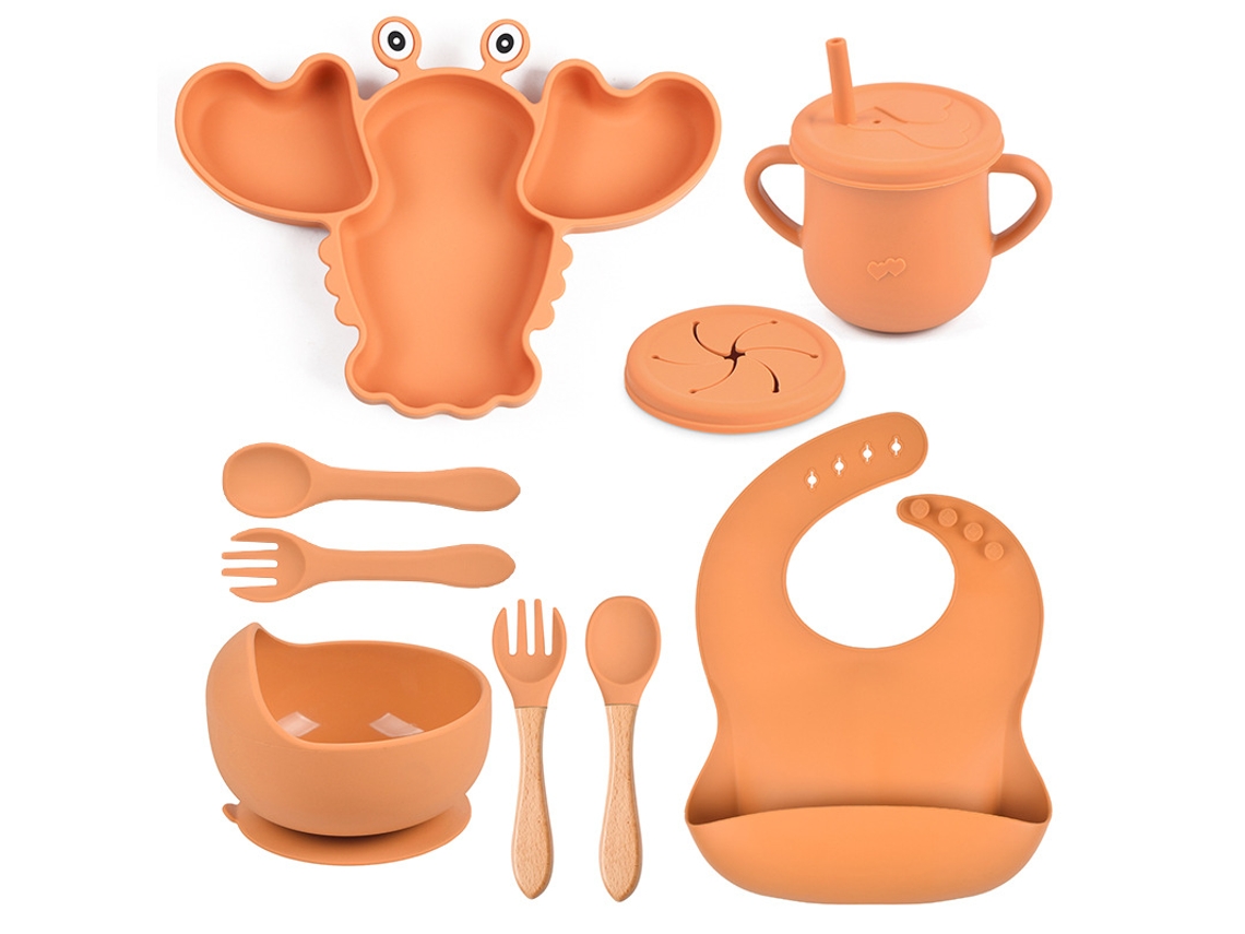 Kit de Alimentação para Bebé em Silicone Formato de Lagosta 8 Peças com Ventosas, Livre de Bpa Laranja PANOONA