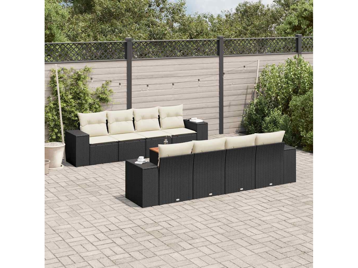 Vidaxl 9 Pcs Conjunto De Sofás P/ Jardim C/ Almofadões Vime Pe Preto