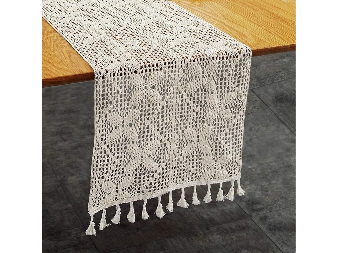 Caminho de Mesa Crochê Macramé Vintage Estilo Fazenda Linho Bege Claro 12 x 71 Polegadas
