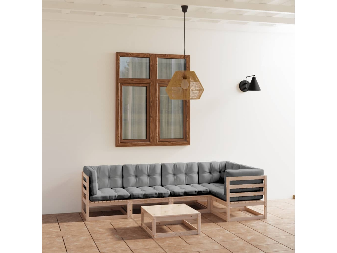 Vidaxl 6 Pcs Conjunto Lounge De Jardim Com Almofadões Pinho Maciço