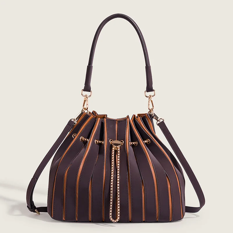 (marrom Café) Bolsa De Ombro Feminina Estilo Balde Com Pregas, Bolsa Transversal Feminina Em Couro Pu, Bolsa Casual De Grande Capacidade