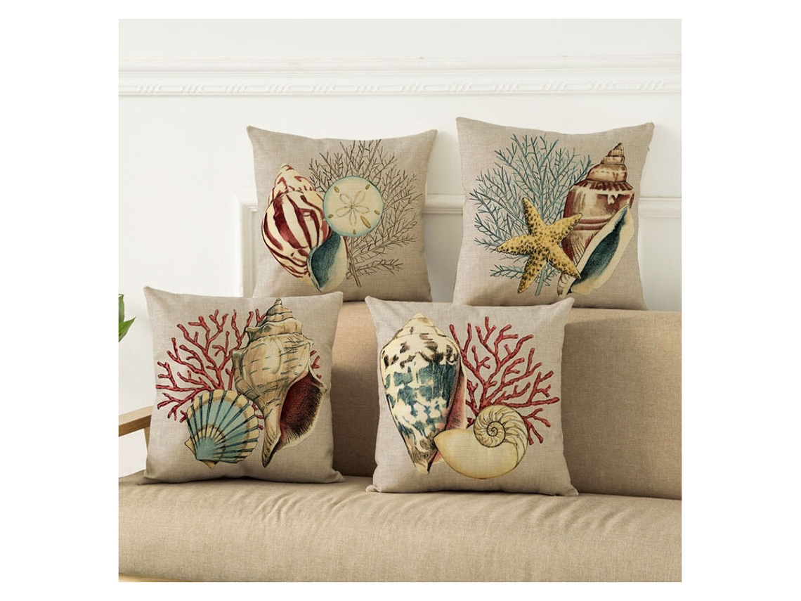 Capa De Almofada Quadrada Decorativa Para Sofá, 4 Peças, 45 X 45 Cm, Capa De Almofada Com Conchas Do Mar, Estampa De Conchas, Decoração De Casa Em Lin