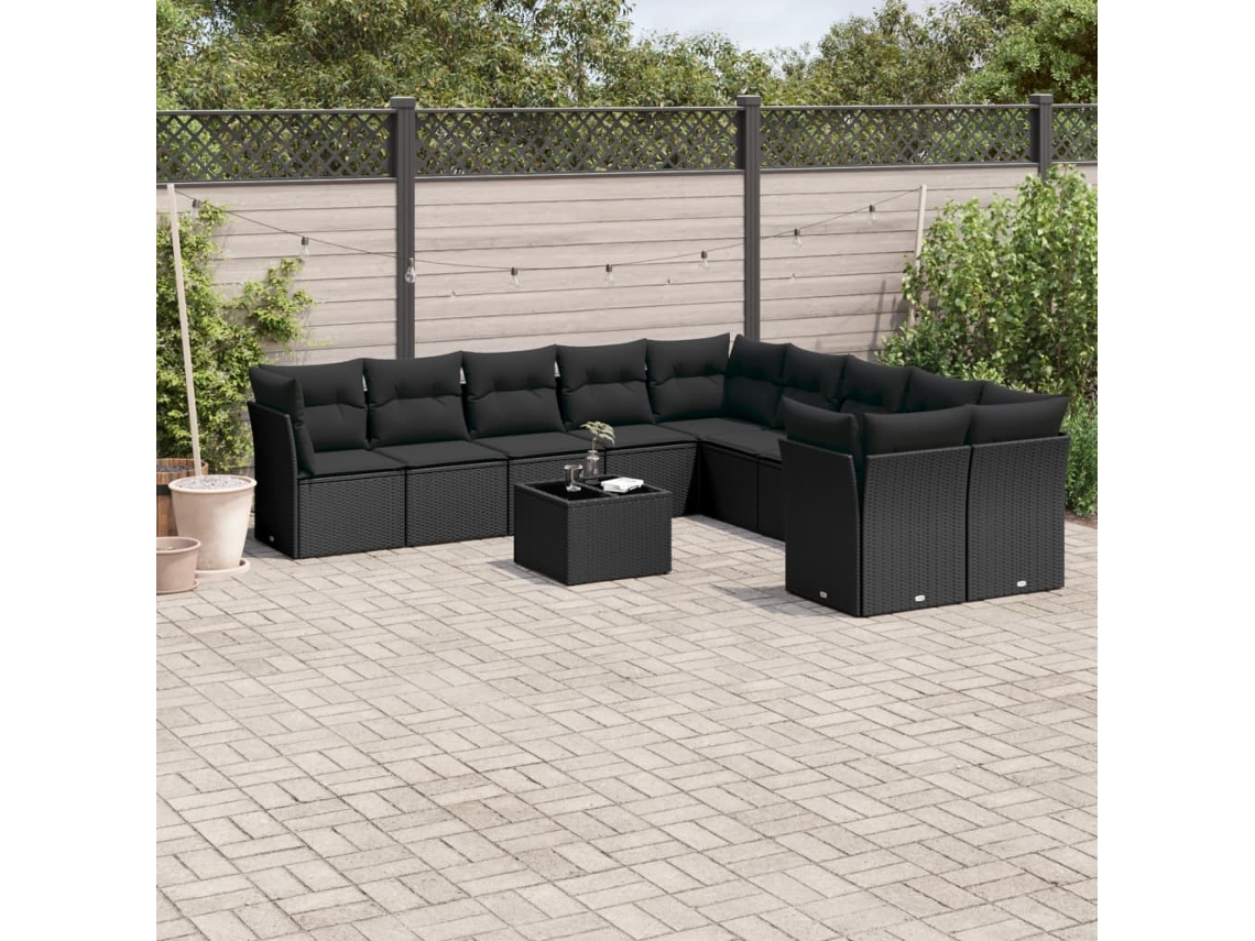 Jogo de Sofá Jardim 11 Peças C/ Almofadões Vime Pe Preto Dkd Home Decor