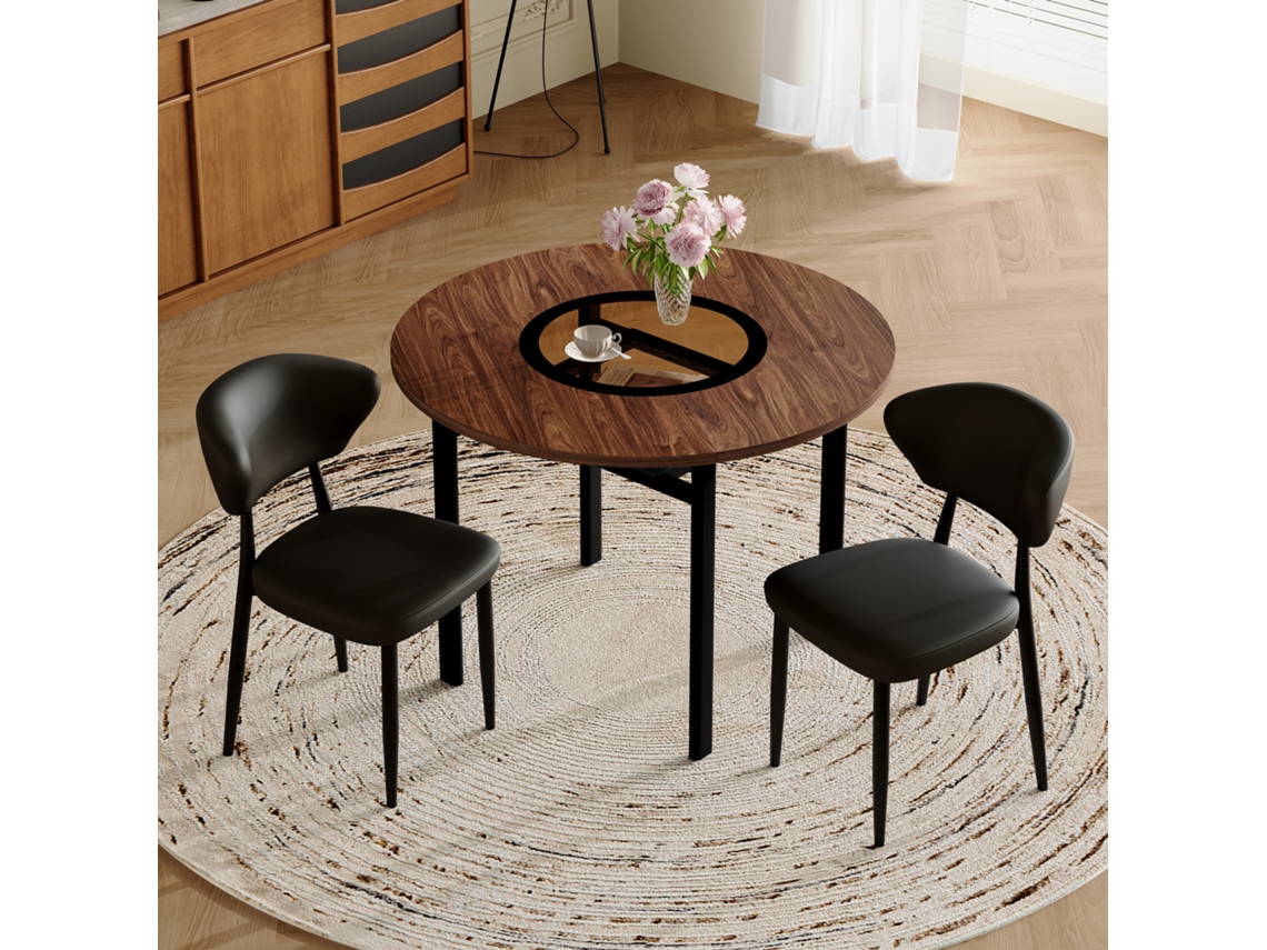 Conjunto Mesa Redonda 100cm, Madeira, 2 Poltronas Pretas Pu Encosto Curvo, Sala/cozinha-qq